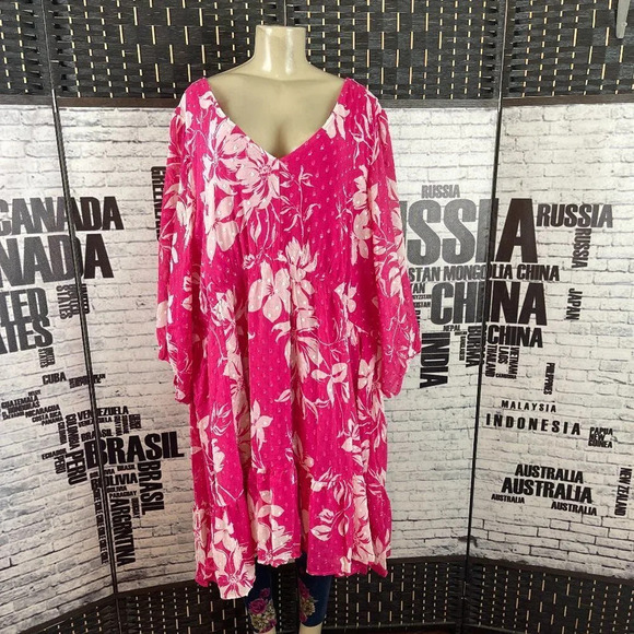 Torrid Plus 6X Pink Floral V-Neck Pockets Below Knee 3/4 Sleeve Babydoll Dress - Picture 2 of 6